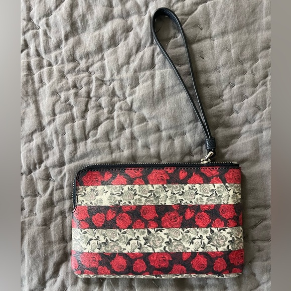Coach Red Gray Floral Roses Striped Wristlet Black Leather Card Holder Bag - Picture 3 of 9